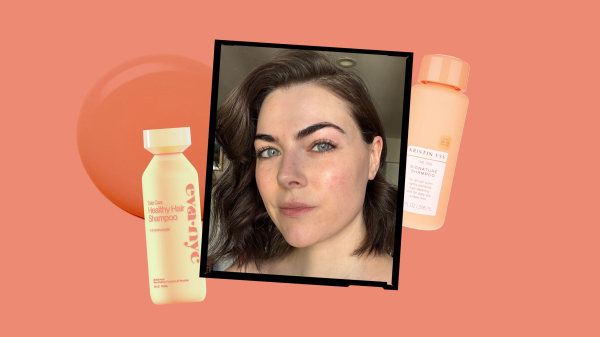 drugstore shampoos on a coral background