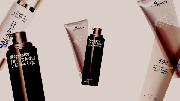 Collage of beauty products that treat crepey skin