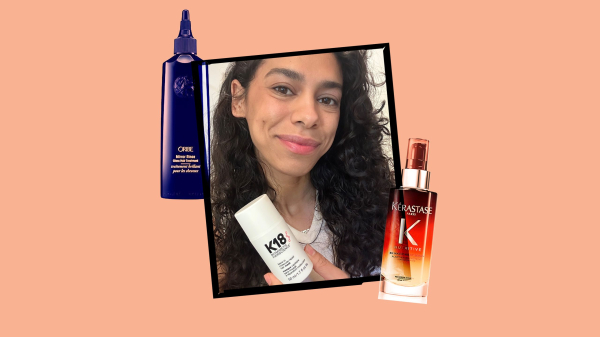 damaged hair with products on a peach background